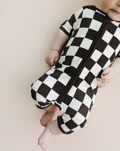 Baby Bamboo Shorty Romper | Black Checkered