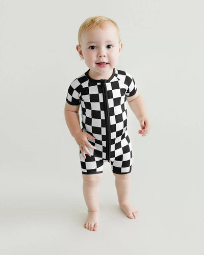 Baby Bamboo Shorty Romper | Black Checkered