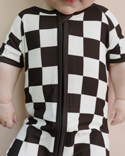 Load image into Gallery viewer, Baby Bamboo Shorty Romper | Black Checkered