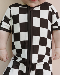 Baby Bamboo Shorty Romper | Black Checkered