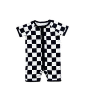 Load image into Gallery viewer, Baby Bamboo Shorty Romper | Black Checkered