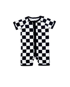 Baby Bamboo Shorty Romper | Black Checkered