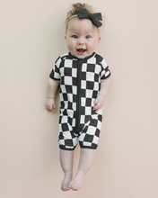 Load image into Gallery viewer, Baby Bamboo Shorty Romper | Black Checkered