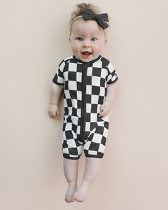 Baby Bamboo Shorty Romper | Black Checkered